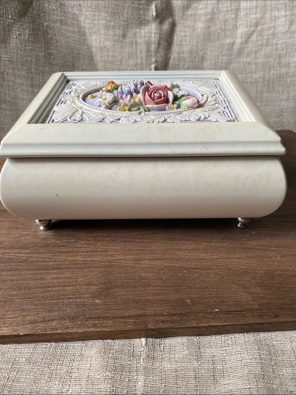 Vintage Romantic Revival Music Box - White with Pastel Flowers